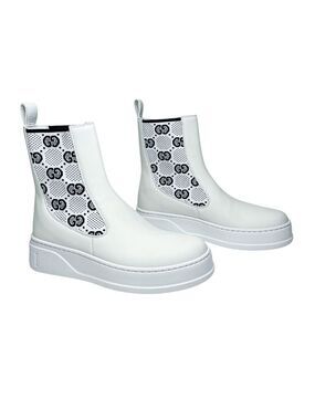 Gucci Dali GG Monogram Chelsea Boots White Calfskin Knit EU 37 Authentic Pull On